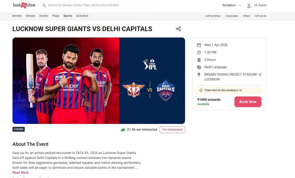 BookMyShow IPL 2026 match Ticket Booking page