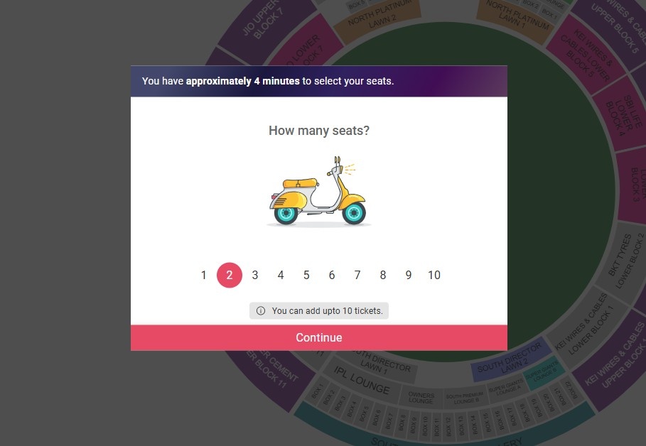 Seat quantity selection on BookMyShow