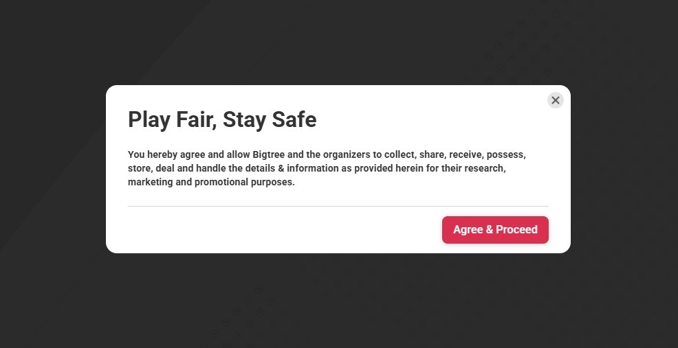 Play Fair Stay Safe consent popup of Bookmyshow
