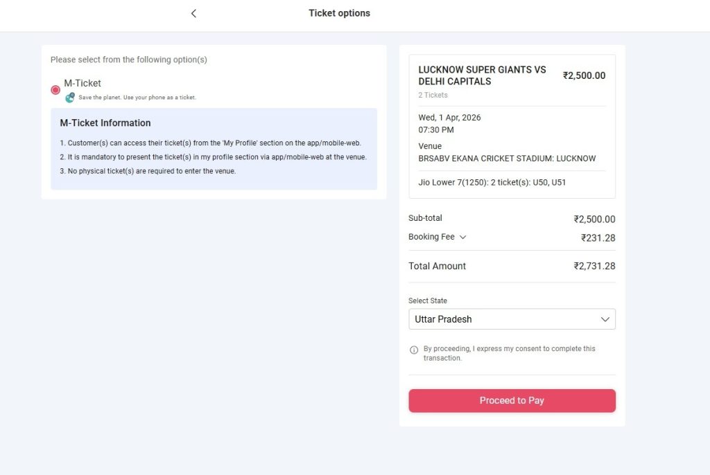 IPL ticket booking summary page of Bookmyshow