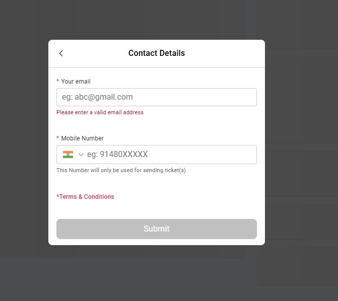 BookMyShow contact details popup